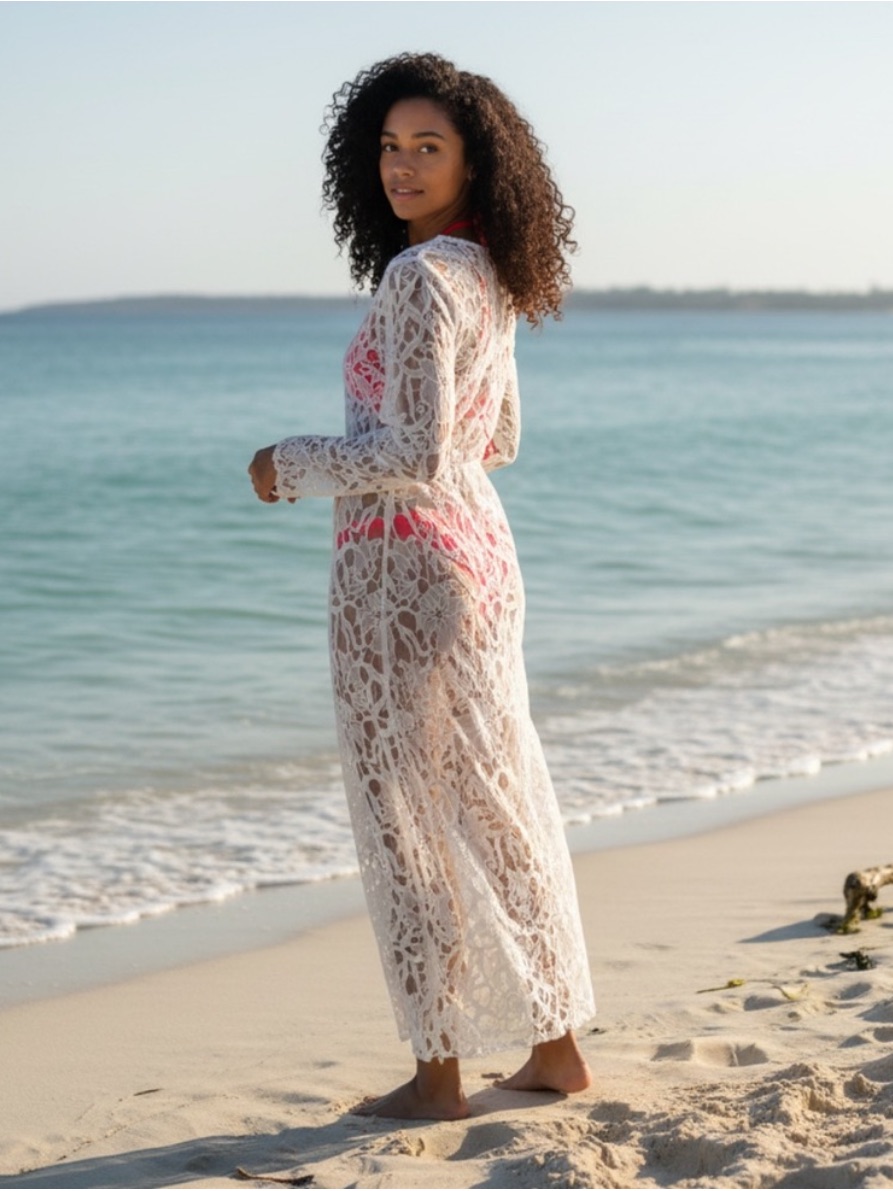 Alexia Admor Crochet Floral Lace Beach Cover-Up Long Maxi Dress, White, Size Xs